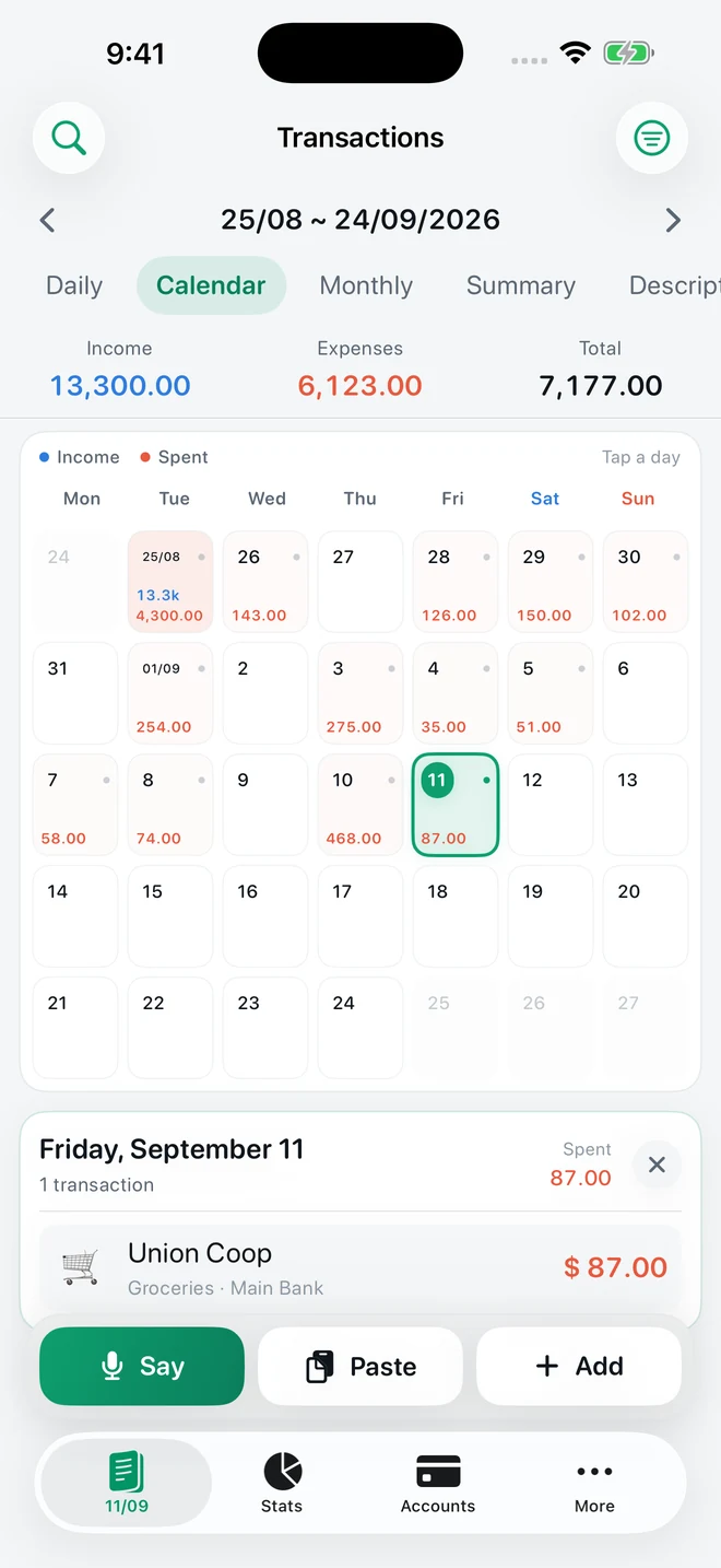 Spending calendar for a monthly payday period from August 25 to September 24