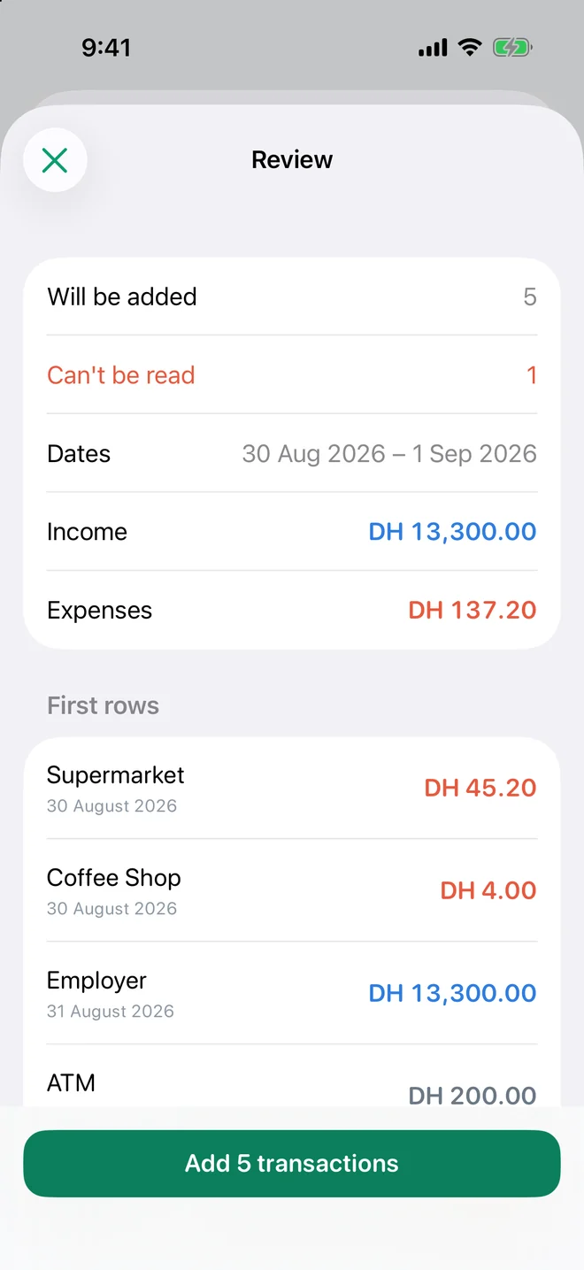 CSV import review showing rows to be added