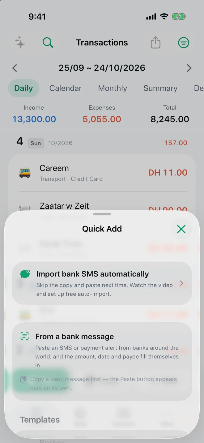 Widgets, Quick Add & Shortcuts screen in TrackExpenses
