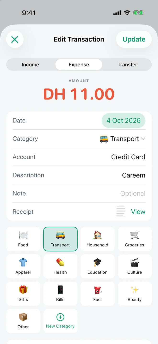 Edit Transaction screen with amount, category, account and an attached receipt