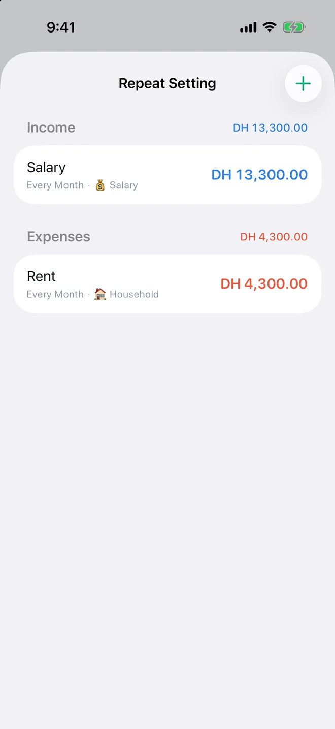 Accounts, cards & recurring screen in TrackExpenses