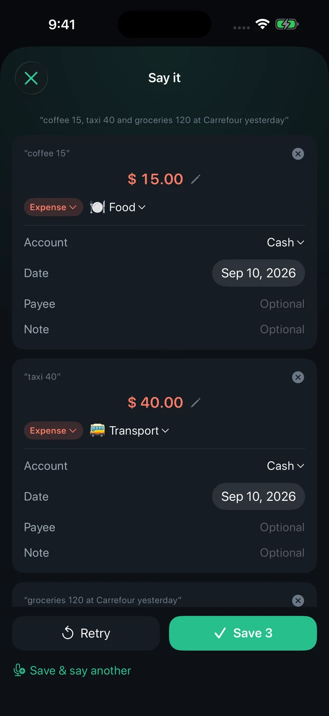 Say it screen reviewing three spoken purchases before saving