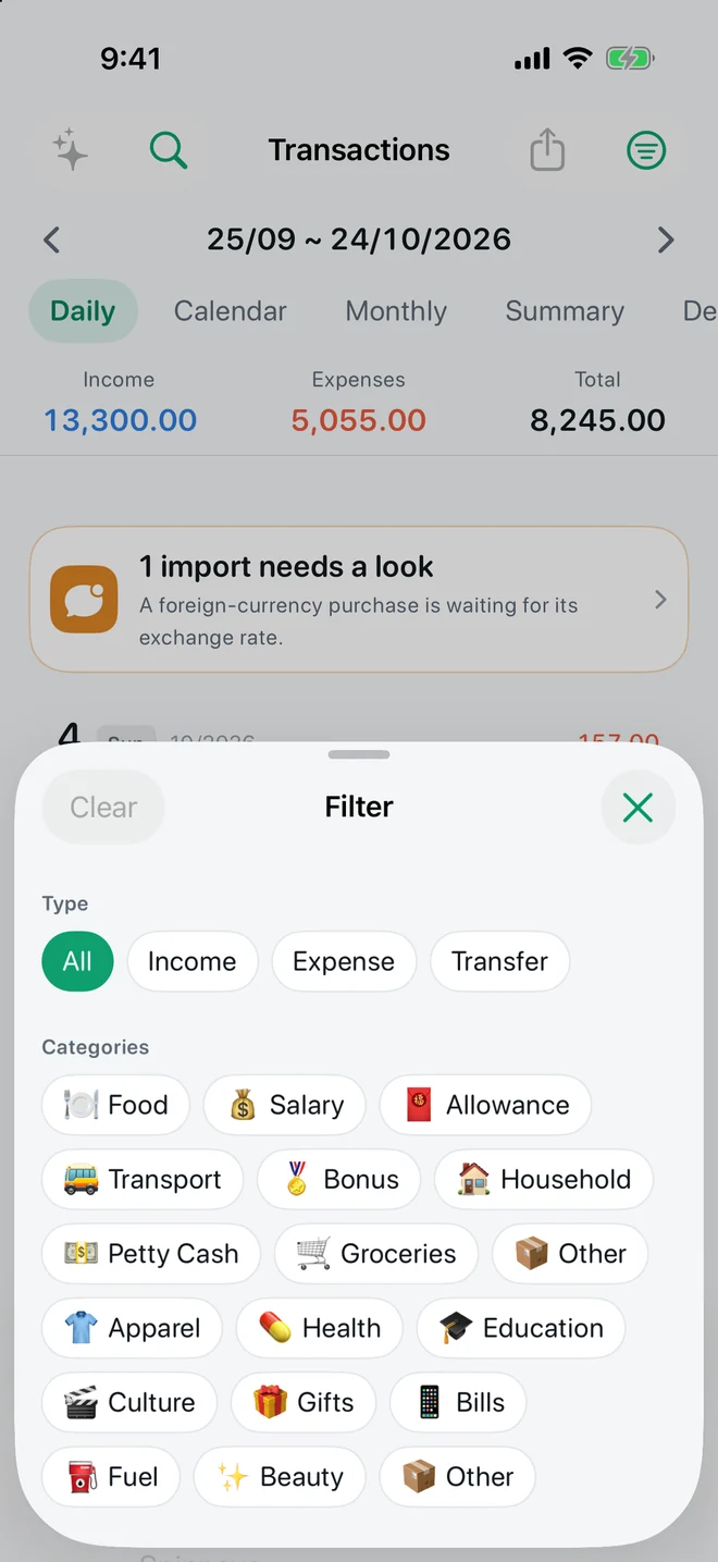 Filter sheet with income, expense, transfer and category filters