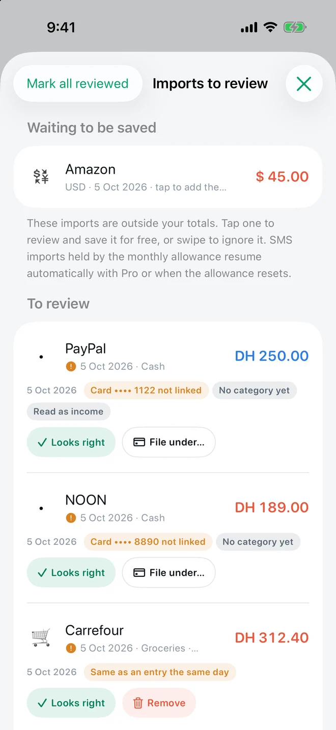 Bank SMS import screen in TrackExpenses