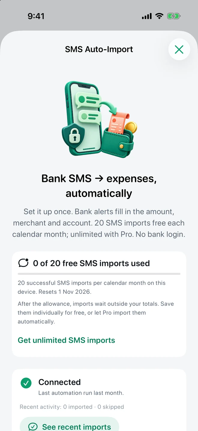 SMS Auto-Import setup screen showing the free monthly allowance and connection status