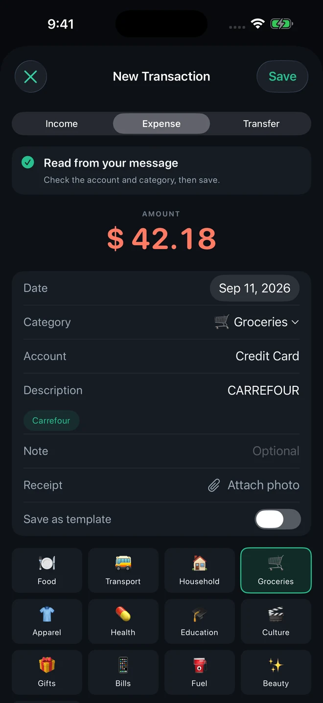 A bank-message expense draft showing the amount, merchant, account and category