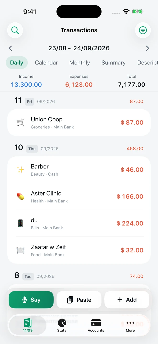 Daily transaction list with a payday period and Say, Paste and Add buttons